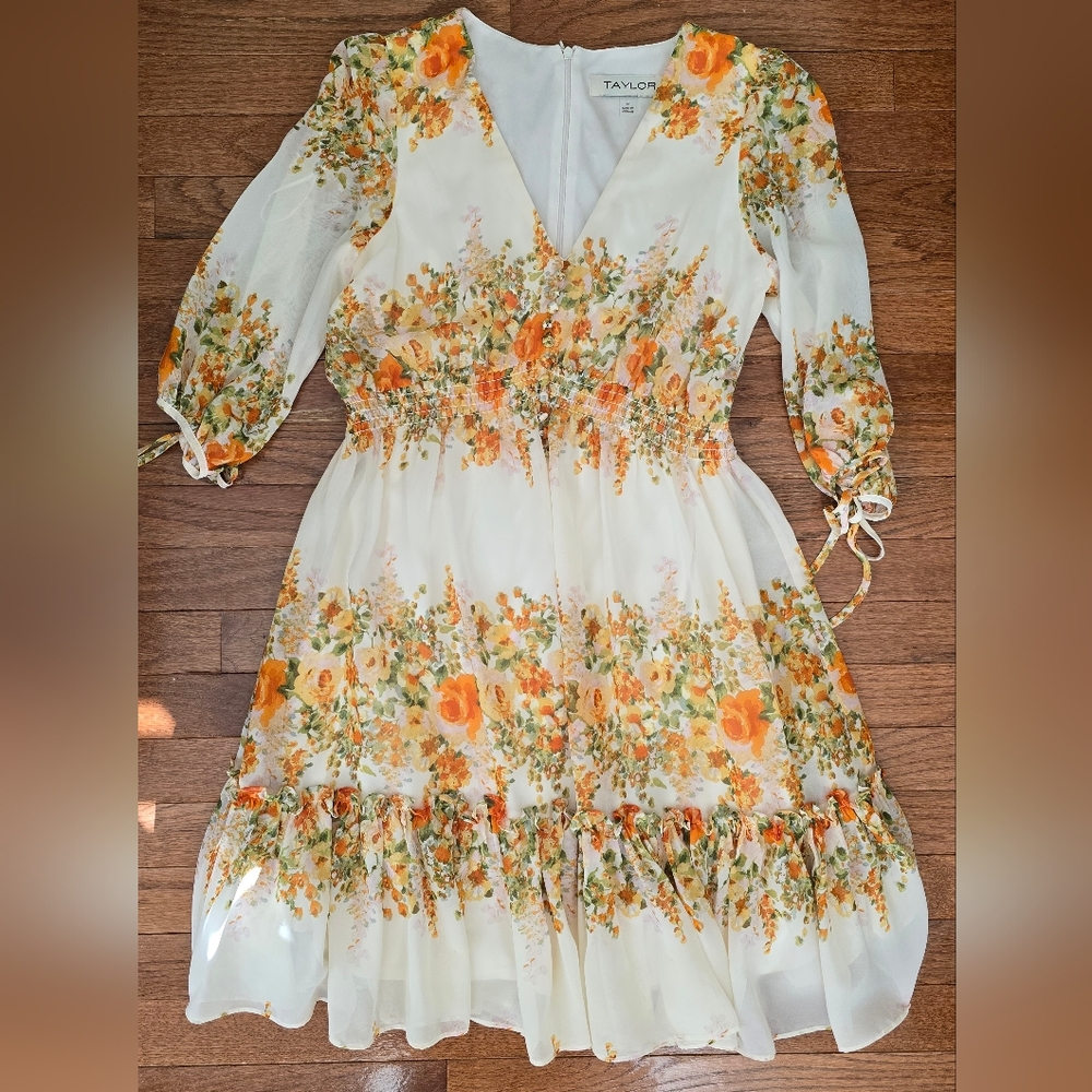 Taylor Floral Print Ruffled-Hem Dress with Orange and Green Accents